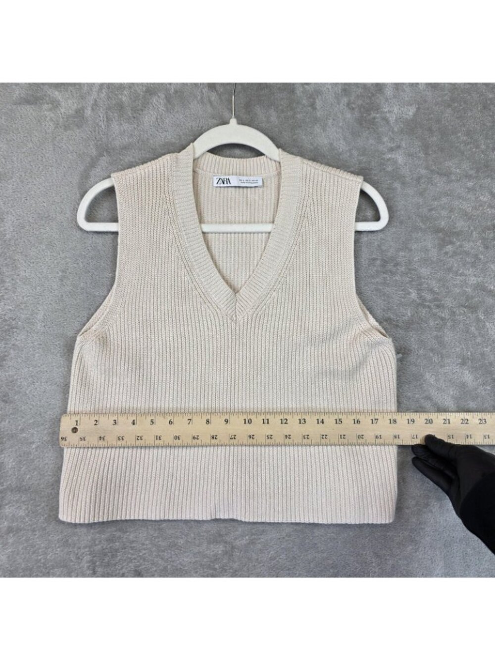 Zara Sweater Vest Womens S Beige Cotton Viscose V Neck Sleeveless Tight Knit - Picture 8 of 9